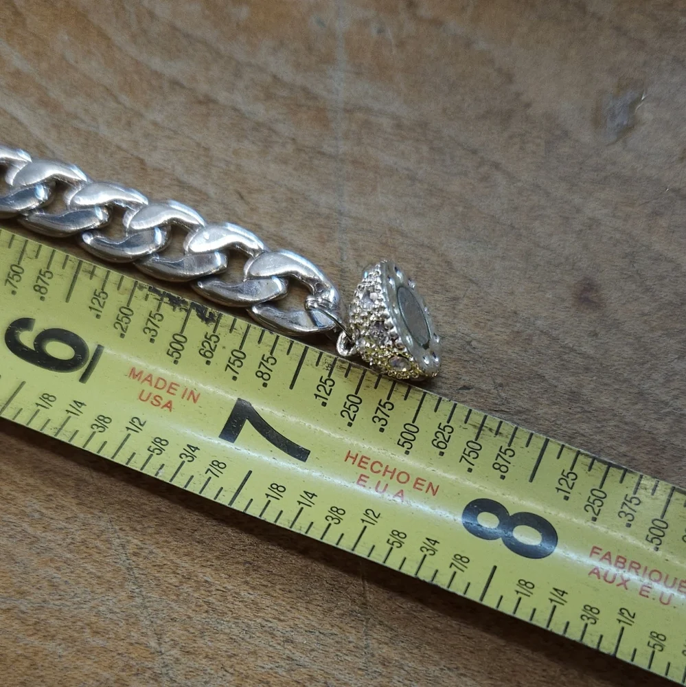 Chunky Silver Curb Chain & Crystal Bead Clasp Bracelet Magnetic Clasp